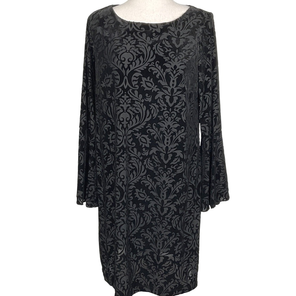 ECI NY Dress Women M Black Damask Velvet Burnout‎ Bell Sleeve Whimsigoth Witchy